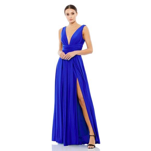 Ieena for Mac Duggal Jersey Plunge Neck Evening Gown in Royal Size 6 - Picture 1 of 12
